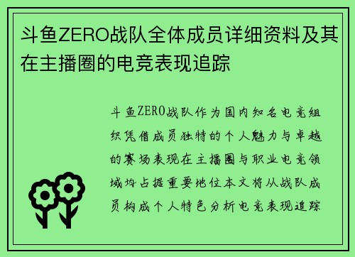 斗鱼ZERO战队全体成员详细资料及其在主播圈的电竞表现追踪